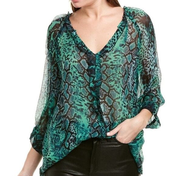Ba&sh Rick Ruffled Animal Print 3/4 Sleeve Top Blouse V-Neck Green Sz M - Picture 1 of 11